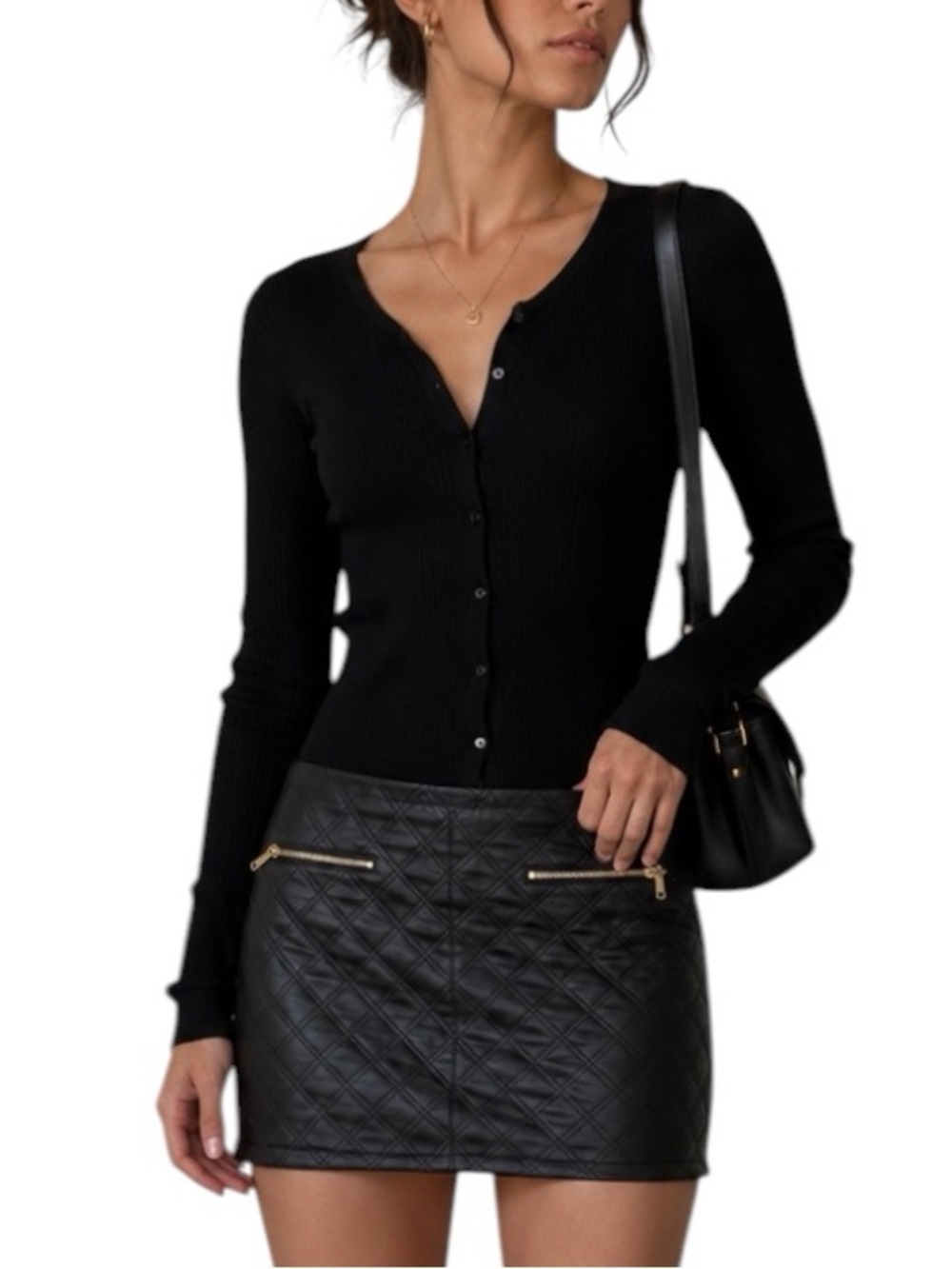 Zara Genuine Lambskin Leather Quilted Micro Mini Skirt Black Gold Zip Y2K